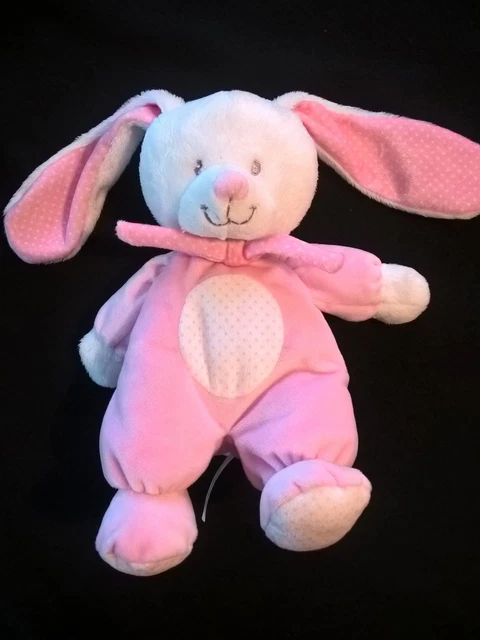 Doudou Peluche Lapin Blanc Rose Rond Blanc Pois Rose Tex Carrefour etat neuf
