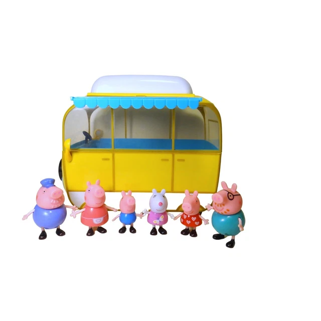 PEPPA PIG YELLOW Bus Van Rv Camper 6 Figures Lot Toys Kids Pigs Vehicle