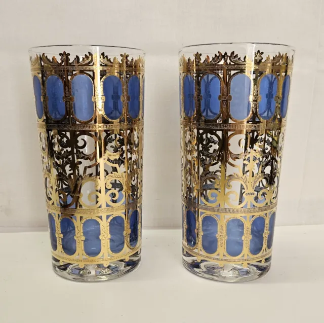 2 Vintage CULVER Azure Blue & Gold Mid Century Highball Tumbler Glasses