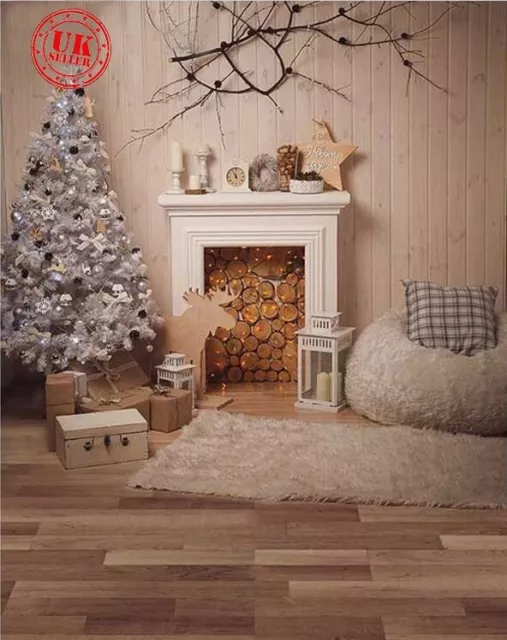 photography backdrop background Christmas fireplace tree gifts presents 5x7