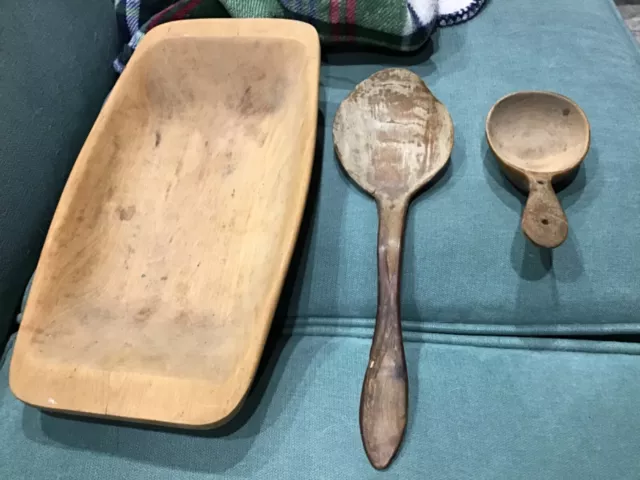 Large Early Antique Primitive Wooden Bowl + 2 Old Carved Spoons