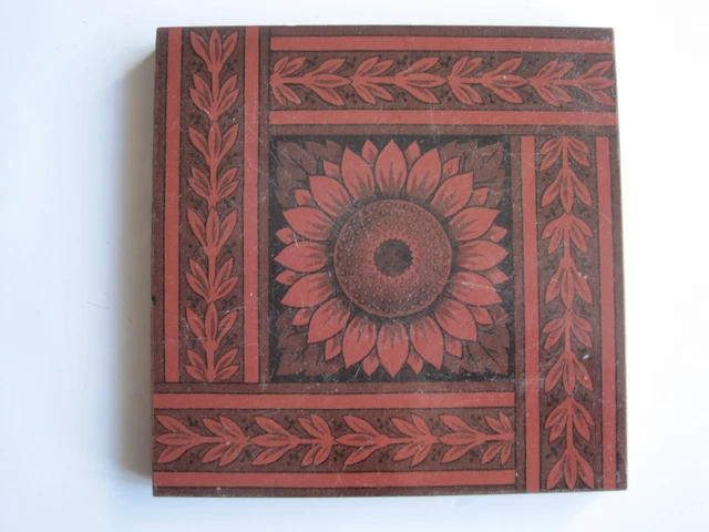 6 " Sq. Antique Victorian Minton Hollins Black On Red Clay Sunflower Tile C1885