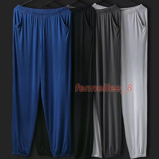 Men Modal Pyjama Bottoms Sleepwear Lounge Pants Elastic Waist Pocket Casual Navy
