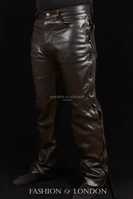 Uomo '501 pizzo Jeans stile ' NERO VACCHETTA REAL LEATHER BIKER pantaloni 00126
