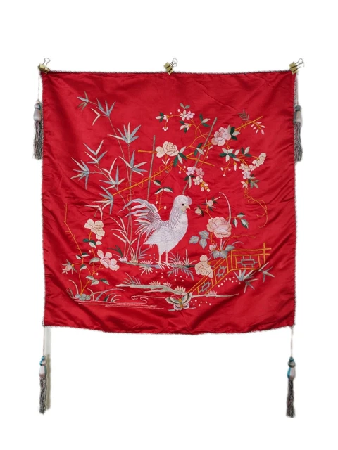 vintage chinese silk embroidery panel floral & bird wall hanging textile 570