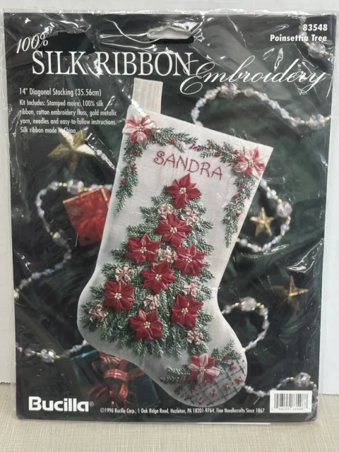 Kit de bordado vintage de cinta de seda Bucilla árbol de pascua medias de Navidad