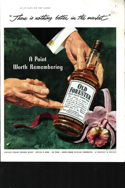 Old Forester Whiskey 1953 Vtg Print Ad 10"x14" man holding bottle illustration