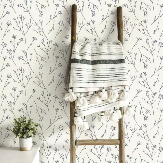 RMK11680WP Navy and White Twigs Peel and Stick Wallpaper,Navy & White
