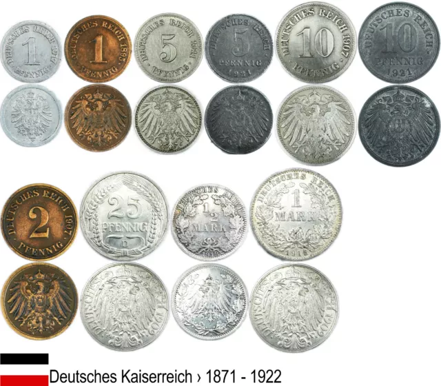 KMS Deutsches Kaiserreich   _1871 - 1922_ LOT (1Pfennig - 1 Mark) mit Silber