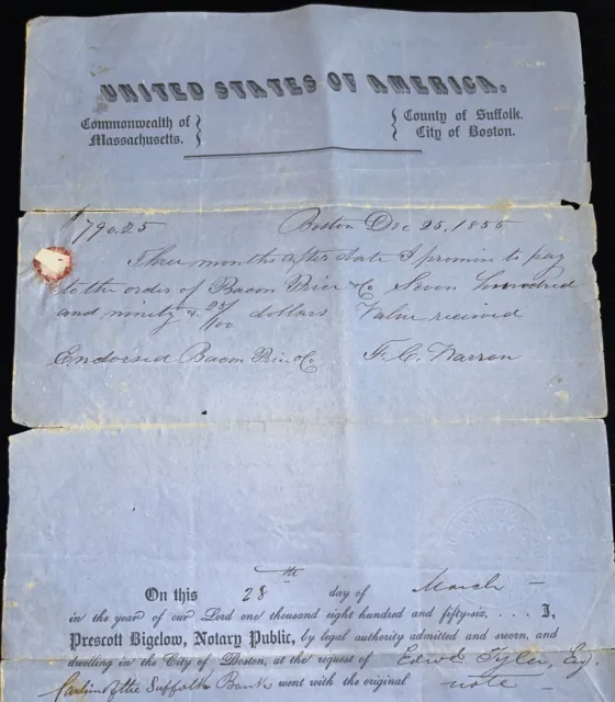 1855 Antique Letter Notarized Massachusetts Boston Suffolk Stamped Receipt $790