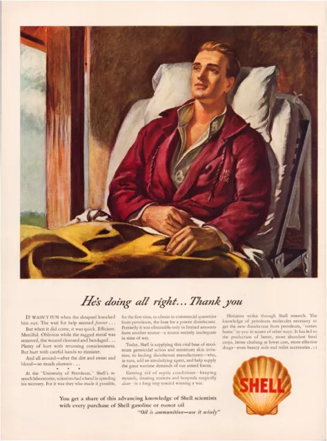 Print Ad Shell Oil Gas 1942 WW2 Soldier Purple Heart Full Page 10.5"x13.5"