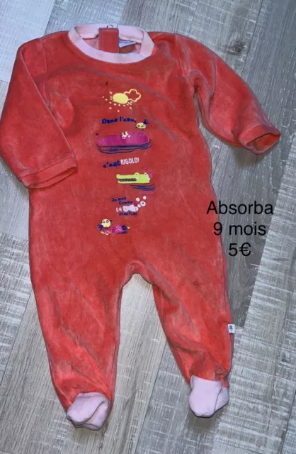 Absorba pyjama babygros velours Coton rose 9 mois Bébé Fille