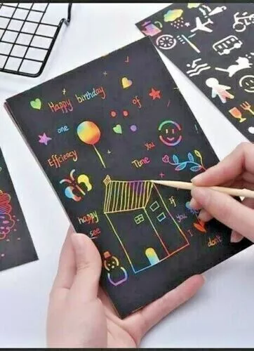 50 Sheets Scratch Painting Doodle Art Paper Magic Rainbow Boards 5 Wooden Stylus