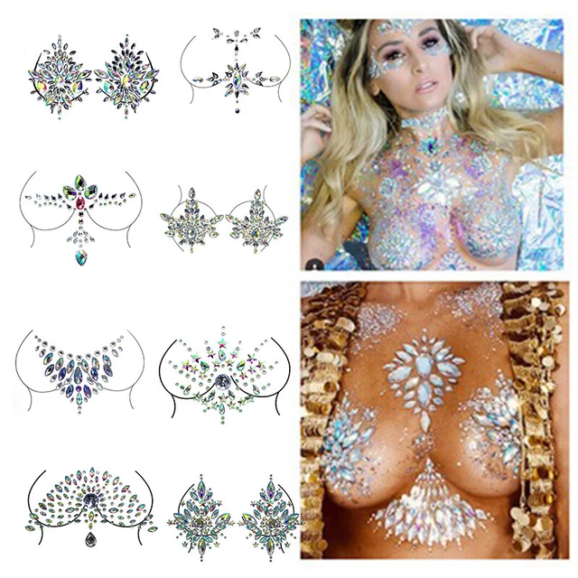 Pegatinas de tatuaje falso joyas en el pecho cara de cristal decoración diamante acrílico estrás Sn