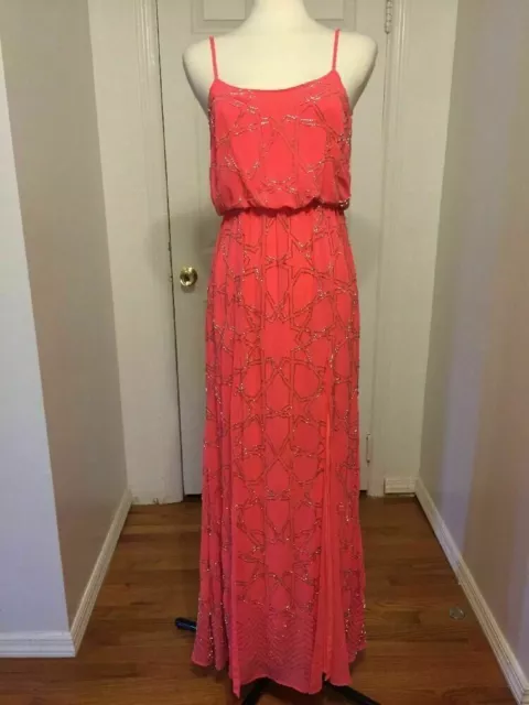 $399 NEEDLE & THREAD Coral Orange Beaded Constellation Georgette Gown 4  M3020