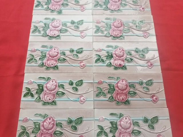 10 Piece Lot Old Art Floral Design Embossed Majolica Ceramic Tiles Japan 0178 5
