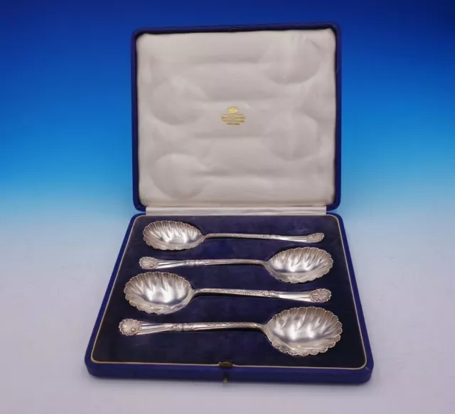 Walker and Hall English Sterling Silver Berry Spoon 4pc Set 8 3/4" in Fitted Box