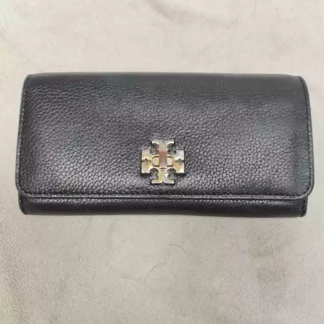 Tory Burch Mercer Envelope Continental Wallet Black Pebbled Leather Swivel Lock