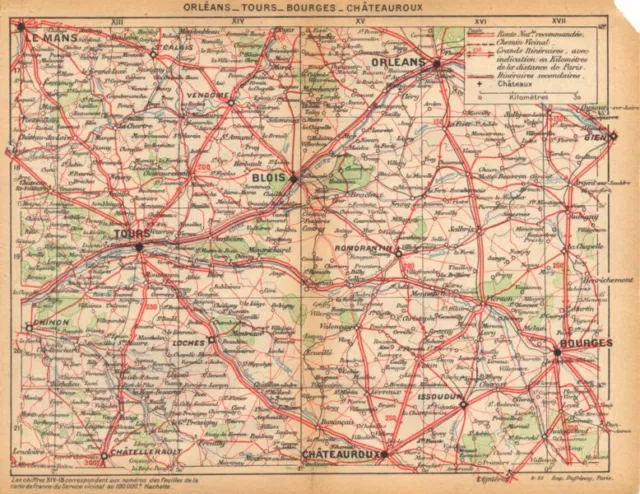 LOIRET. Orléans- Tours- Bourges- Châteauroux 1922 old vintage map plan chart