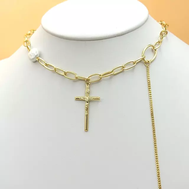 14K Gold Plated Jewelry. Cross Pendant & stylish Chain. Necklace. Oro laminado