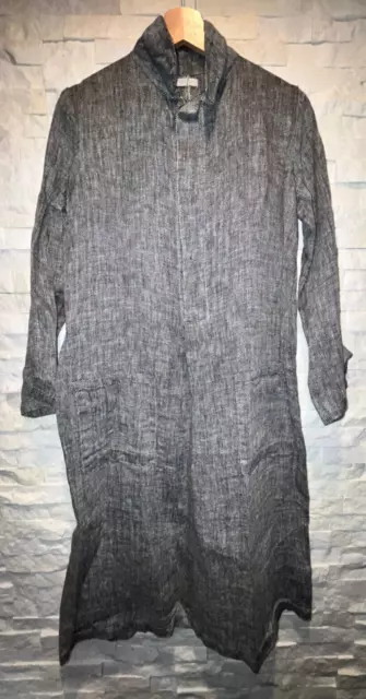 NWT Women's FOG LINEN WORK Collared Shirt Dress Pockets 100% Linen B&W O/S