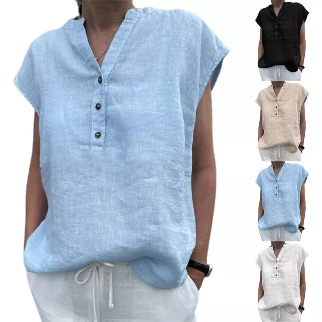 Women V-Neck Button T-Shirt Cotton Linen Summer Baggy Holiday Daily Travel Tops