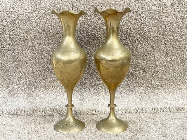 Vintage Antique Indian Pair Of Ruffle Edge Brass Vases Etched Pattern Oriental