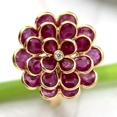 Naturel Fleur Ruby Diamant Fantaisie Bague 10kt Solide or Jaune 3D Style Bague