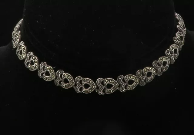925 Sterling Silver - Vintage Marcasite Love Heart Link Chain Necklace - NE2326