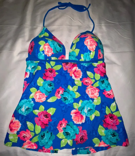 Hula Honey Junior’s Floral Push-up Apron Swimsuit Tankini Top S Blue (A15)