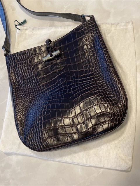 Longchamp Roseau Croc Embossed Leather Crossbody Bag Brown