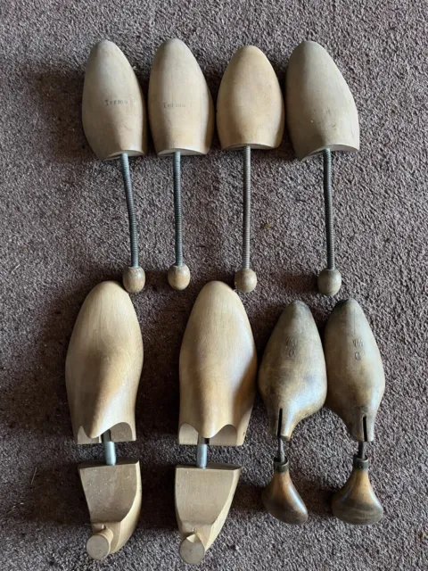 4 Pr Vintage Wooden Shoe Trees Stretchers Lasts Hinged. Mixed Sizes - See Photos