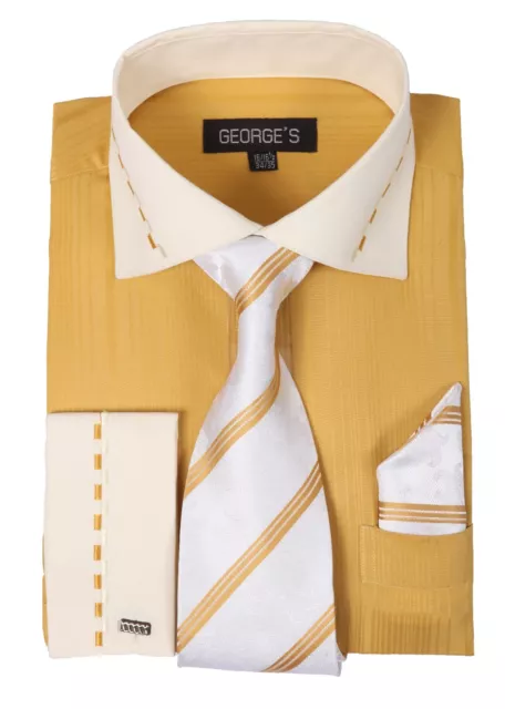 Men's Jacquard Stripe Dress Shirt w/ Matching Tie & Hanky Set #621 Gold
