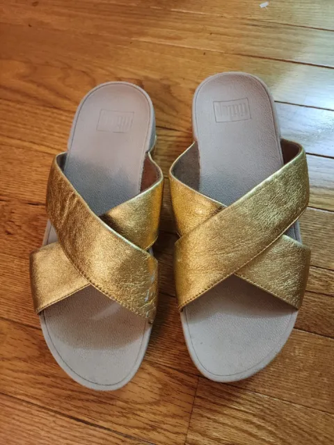 FITFLOP Lulu Gold Women's Leather Criss Cross Strap Slip-On  Wedge Sandals  Sz 9