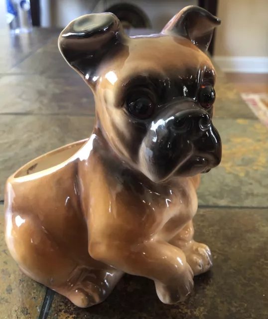 Vintage Lefton Dog Planter H-4906 Boxer Puppy Ceramic Japan Black Mouth Cur