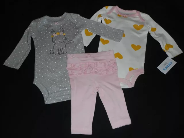 Cute Carters 3-Piece Bunny & Hearts Pants Outfit Clothes - Infant Size 3 Months