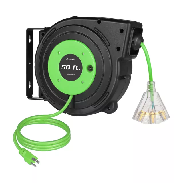 DEWENWILS 50FT Retractable Extension Cord Reel 14AWG/3C SJTOW 3 Grounded Outlets