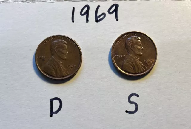 SET 1969 S 1969 D Memorial Cent Penny Floating Roof Faint FG Circulated￼