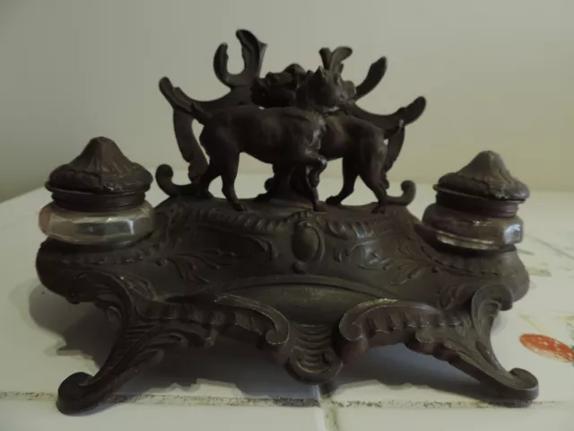 Ancien Encrier En Régule Xixe 2 Chiens Dogues Signé N. Vidal Art Nouveau