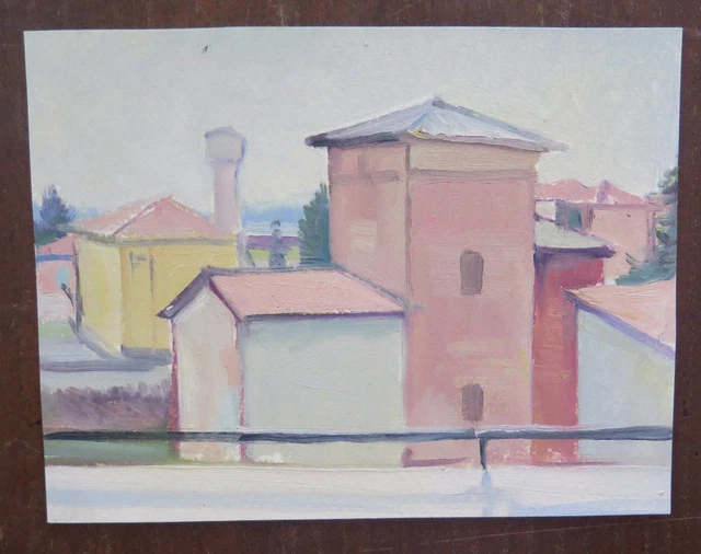 Quadro Ad Olio Paesaggio Veduta Cittadina Dipinto Originale Artista Locale P31