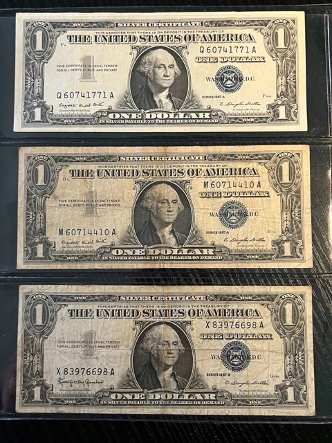 Two 1957 A and One 1957 B Silver Certificate $1 Dollar Bills, Blue Federal Seal