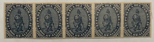 1870 Paraguay Como Nuevo Sin Montar O Nunca Montado Tira De 5 Sellos #2, Escudo De Armas Reimpresiones León