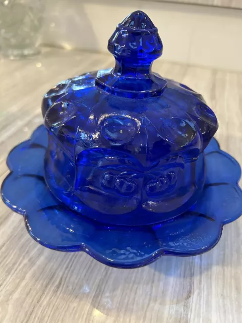 Mid 20th Century Mosser Cherry Thumbprint Cobalt Blue Glass Covered Butter Dish