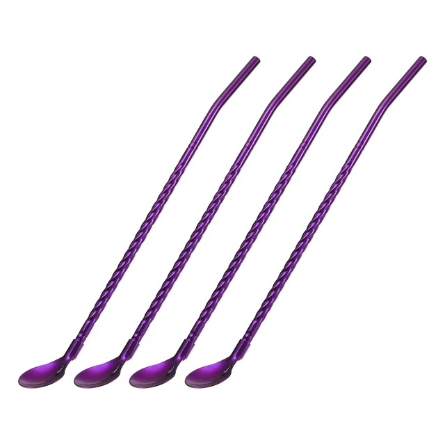 4Pcs 8.6" Stainless Steel Spoon Straws Reusable Twist Handle Spoon, Purple