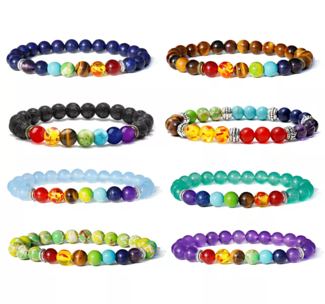 7 Chakra Healing Natural Stone Round Gemstone Yoga Energy Beads Bracelet Jewelry