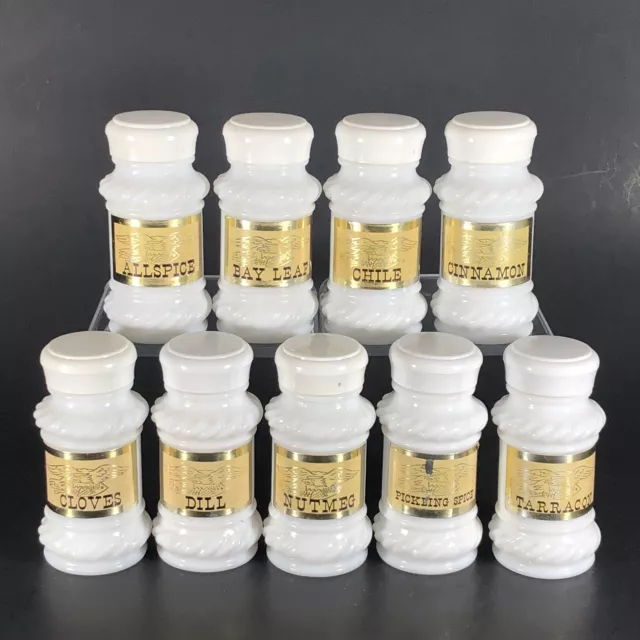 9ct Vintage Scroll White Milk Glass Spice Jar Bottles Apothecary Jars AS IS 9ct Vintage Scroll White Milk Glass Spice Jar Bottles Apothecary Jars AS IS