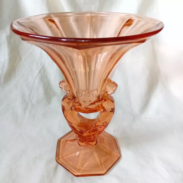 VINTAGE ART DECO 1930's CZECH LIBOCHOVICE PINK GLASS TWO LADY DESIGN VASE