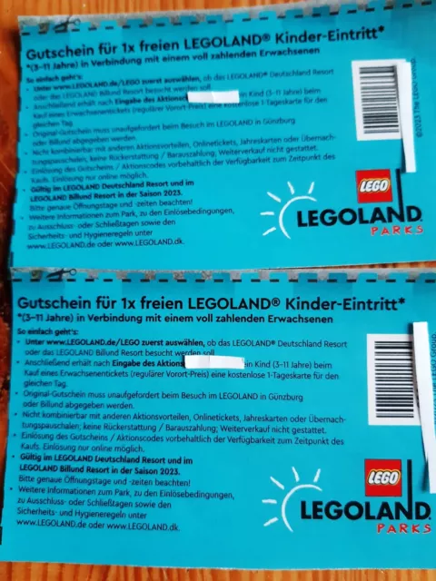 💙 2 x Gutscheine  freier Kinder Eintritt für Legoland Günzburg Saison 2023💜💙