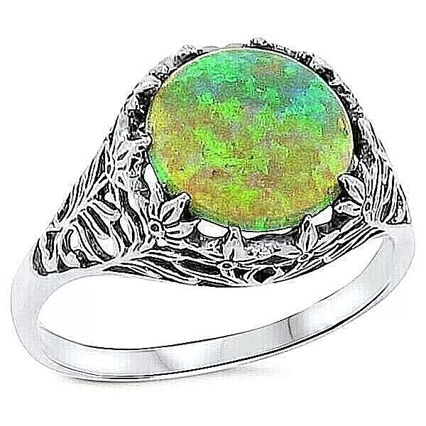 Victorian Design 925 Sterling Silver Lab Green Fire Opal Antique Style Ring #108