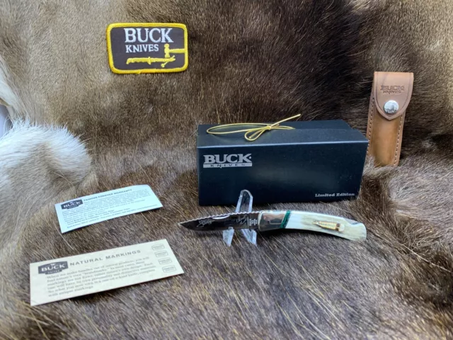 2013 Buck Engraved Squire With Elk Handles & Leather Sheath Mint In Box Rare++++